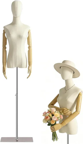 Miniatura 8 de Maniquí Femenino Forma de Vestido Torso, Cuerpo de Maniquí de Exhibición con Cabeza Desmontable, Manos de Madera y Soporte Dorado de Altura