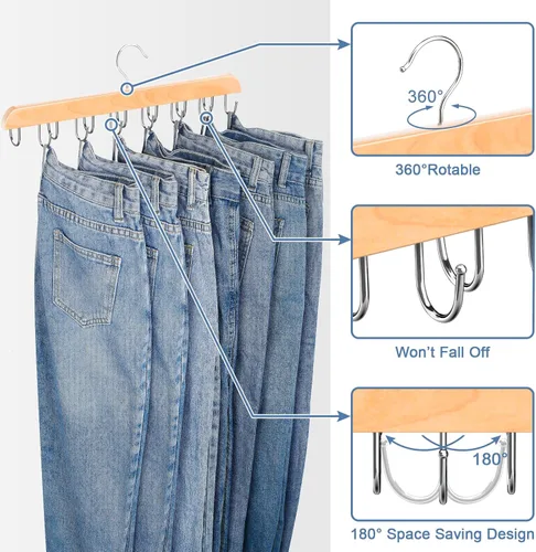 Miniatura 4 de Ganchos para jeans para armario, 14 ganchos de madera para jeans que ahorran espacio, soporte giratorio de 180° para faldas, pantalones cortos