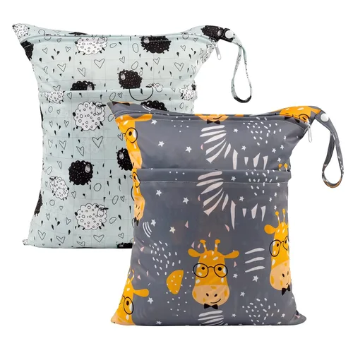 Miniatura 15 de ALVABABY 2 bolsas de pañales de tela para ropa húmeda, reutilizables con dos bolsillos con cremallera, para viajes, playa, piscina, guardería