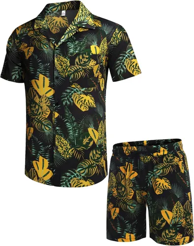Miniatura 5 de COOFANDY Conjunto de camisa hawaiana para hombre, diseño floral, cuello cubano, con botones