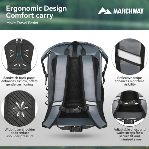 Miniatura 3 de MARCHWAY Mochila impermeable con parte superior enrollable, bolsa seca flotante de 20L/30L/45L con base rectangular ergonómica, espalda acolchada