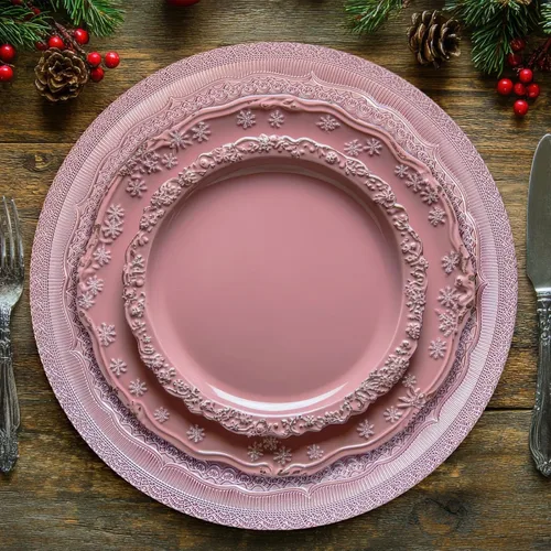 Miniatura 4 de Platos de carga de 13" de aluminio rosa, juego de 6 platos elegantes con relieve de encaje, platos de servidor redondos para plato de cena, juego
