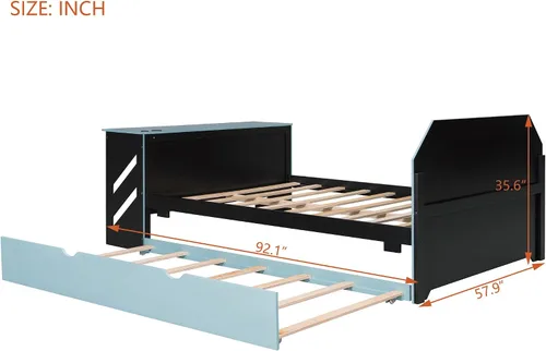 Miniatura 2 de Cama para juegos, sofá cama de tamaño matrimonial con escritorio, cama de plataforma matrimonial de madera con cama nido de tamaño individual y USB