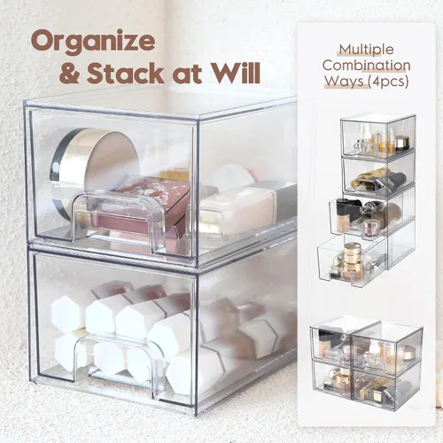 Miniatura 3 de Sea Team Paquete de 2 organizadores de maquillaje transparente con cajones, vitrina de cosméticos de plástico acrílico, caja de almacenamiento