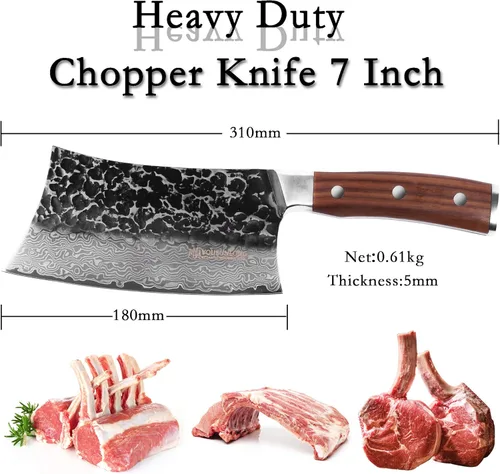 Miniatura 3 de YOUSUNLONG Cuchillo picador de carne de 7 pulgadas, picador de huesos de hacha de carnicero, resistente, acero inoxidable grueso de damasco japonés