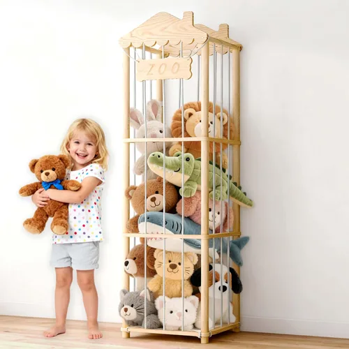 AMBIRD Almacenamiento de animales de peluche, soporte de madera para zoológico, organizadores de juguetes grandes para niños, almacenamiento de