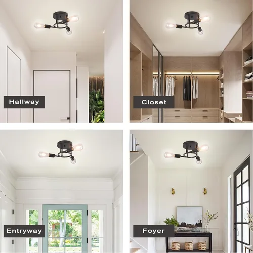 Miniatura 6 de Finktonglan Lámpara de techo semiempotrada de 3 luces, lámpara de techo Sputnik negro mate, lámpara moderna de granja E26 para cocina, dormitorio