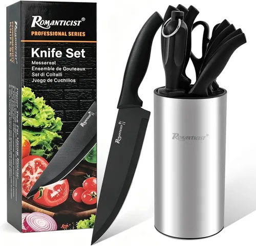 ROMANTICIST Juego de Cuchillos, Juego de Bloque de Cuchillos de 10 Piezas - Cuchillos de Cocina de Acero Inoxidable con Afilador y Cuchillo de