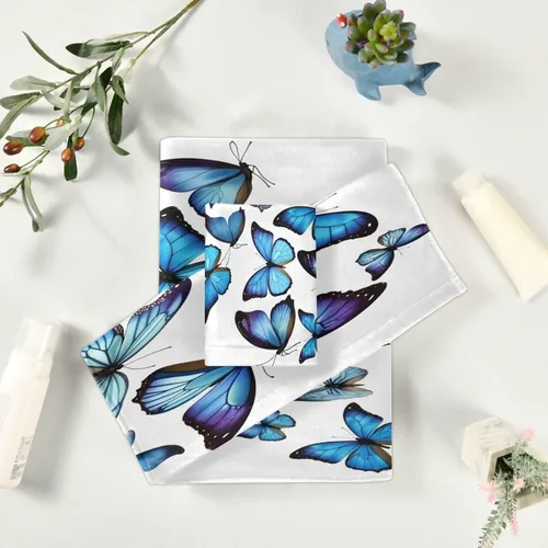 Miniatura 6 de ALAZA Juego de 3 toallas de baño con diseño de mariposas azules, 1 toalla de baño, 1 toalla de mano, 1 toallita suave, multiusos, para baño, hotel