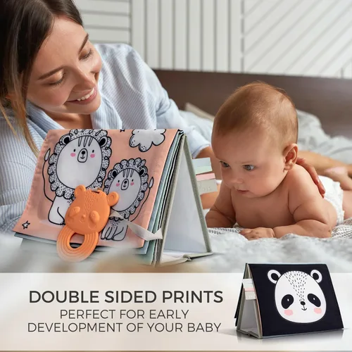 Miniatura 2 de Libro de tiempo de barriga suave con espejo estimulante seguro para bebés - Divertido juguete Montessori en blanco y negro con relleno arrugado y 20
