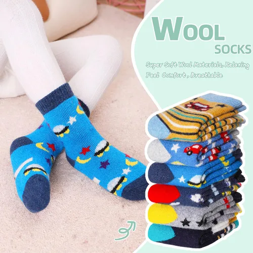 Miniatura 4 de Calcetines de lana para niños y niñas cálidos de invierno gruesos acogedores térmicos pesados para niños pequeños 6 pares
