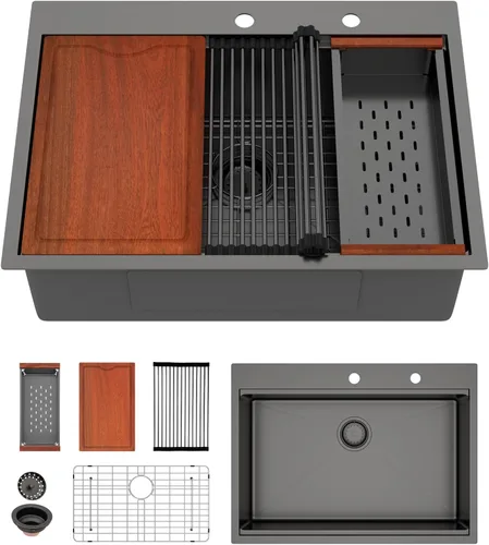 Fregadero de cocina negro de 30"x19", estación de trabajo con revestimiento nano, acero inoxidable 304 calibre 16, hecho a mano, montaje superior,
