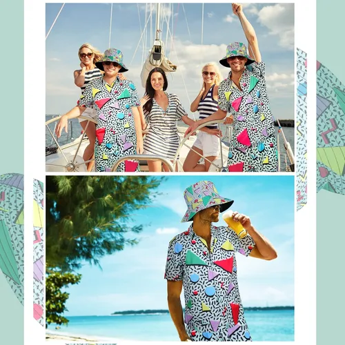 Miniatura 7 de Conjunto de 2 piezas de camisa y pantalones cortos retro de los años 80 y 90 con sombrero, trajes de playa hawaianos para hombres, fiesta