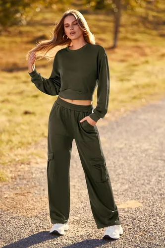Miniatura 4 de PRETTYGARDEN Conjunto de 2 piezas de otoño para mujer, sudadera de manga larga, pantalones cargo de pierna ancha con bolsillos