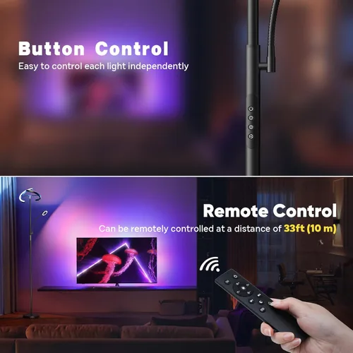 Miniatura 6 de SIBRILLE Lámpara de pie RGBCW mejorada de 36 W con anillo de lectura, lámpara de pie LED giratoria con control remoto, luz de pie regulable, luz
