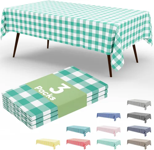 Miniatura 44 de Smiry Paquete de 3 Manteles Desechables de Cuadros Gingham Color Caqui - 54" x 72" Mantel de Plástico de Servicio Pesado, Cubiertas de Mesa