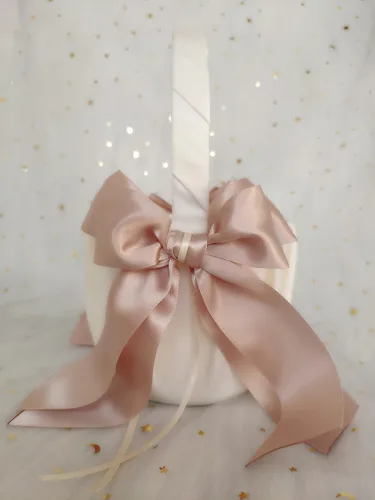 Cesta blanca para niña de las flores con lazo de doble cinta rosa para ceremonia de boda, renovación de votos, baby shower, recuerdo de fiesta