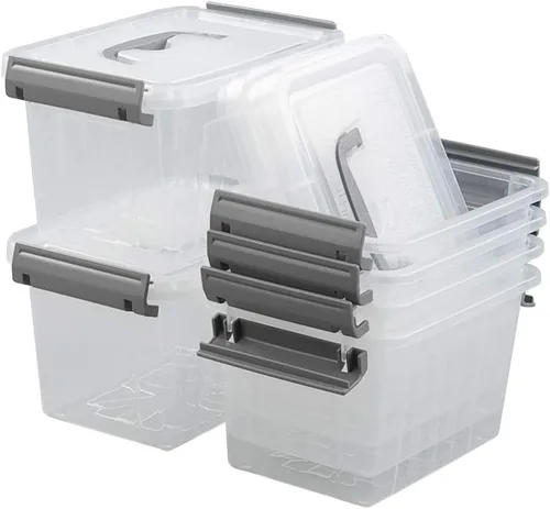 Pekky Contenedores de plástico transparente de 3.5 cuartos de galón, caja de almacenamiento de plástico con mango pequeño, 6 paquetes (gris)