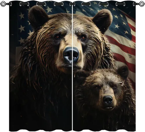 Cortinas opacas con diseño de oso para decoración del hogar, diseño de bandera estadounidense, animales y vida silvestre, color marrón, con ojales,