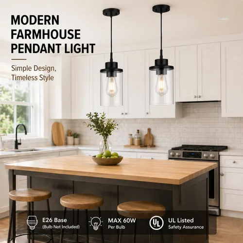 Miniatura 4 de Moderna Lámpara Colgante de Granja Negra de Vidrio Transparente Cilíndrico, Iluminación Colgante de Metal Industrial Mini para Isla de Cocina, Mesa