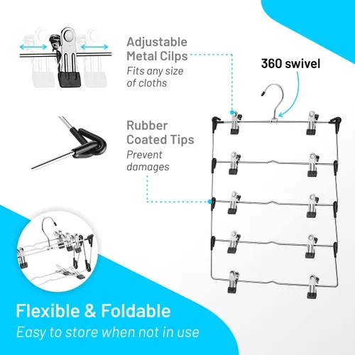 Miniatura 6 de DEILSY™ Perchas para falda de 5 niveles con clips (3 PK) Perchas para ahorrar espacio de pantalones Múltiples en una con clip Perchas para ropa