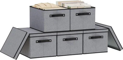 Miniatura 10 de Contenedor de almacenamiento plegable, caja de almacenamiento de 10.2 x 7.8 x 6.7 pulgadas con tapa, organizador de armario para organizar con asas
