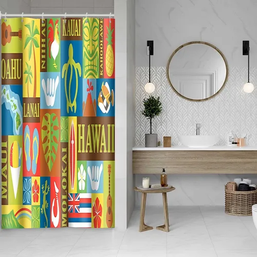 Miniatura 7 de Cortina de ducha hawaiana, retro hawaiano exótico Tiki cortinas de ducha de baño, juego de cortinas de baño con temática tropical Aloha con 6