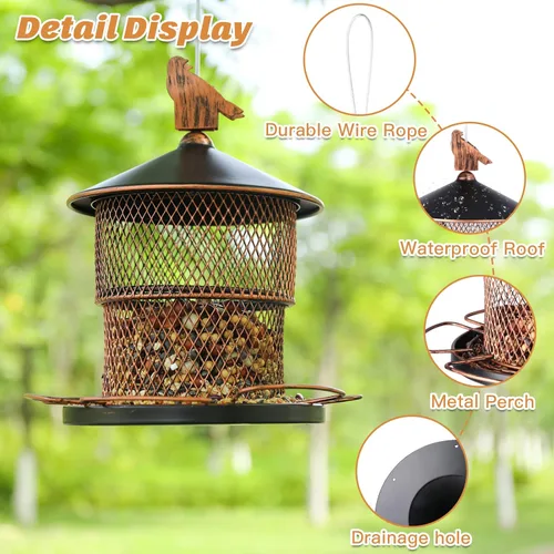 Miniatura 2 de Yinns Comederos para pájaros para colgar al aire libre, comederos metálicos de gran capacidad de semillas, comedero para pájaros salvajes con 6