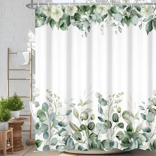 Miniatura 20 de Cortina de ducha de eucalipto verde salvia Velaequezii con plantas de acuarela, hojas botánicas de primavera impresas, cortina de baño impermeable