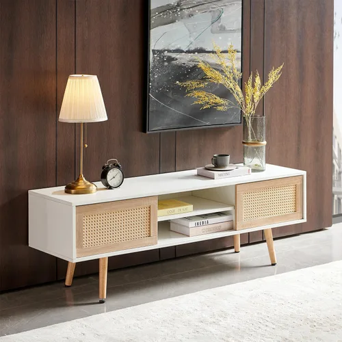 Mesa auxiliar bohemia, mueble de TV moderno de 55 pulgadas, mesa de centro rectangular de madera con puerta corredera para almacenamiento, mesas de