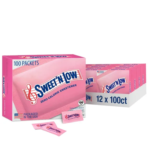 Sweet'N Low Paquetes de edulcorantes cero calorías, caja de 100 unidades, paquete de 12, Kosher y sin gluten, bajo índice glucémico, paquetes