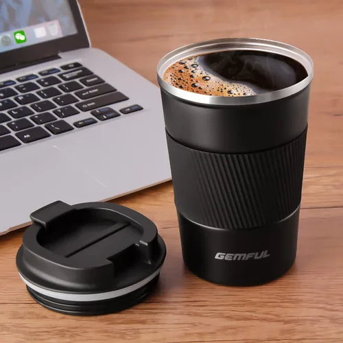 Miniatura 7 de GEMFUL Taza de viaje de café a prueba de fugas con tapa, 13 onzas, aislada al vacío, de acero inoxidable, vaso de café a prueba de derrames