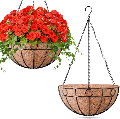 Miniatura 10 de ZeeDix Paquete de 2 cestas colgantes redondas para plantas al aire libre, cesta de alambre de metal de 12 pulgadas con forro de coco, macetas