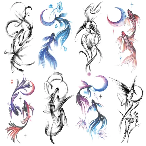Miniatura 12 de 8 hojas de tatuajes temporales negros con flechas, brújulas, plumas, dragones, anclas, espadas, serpientes, árboles y flores para el brazo