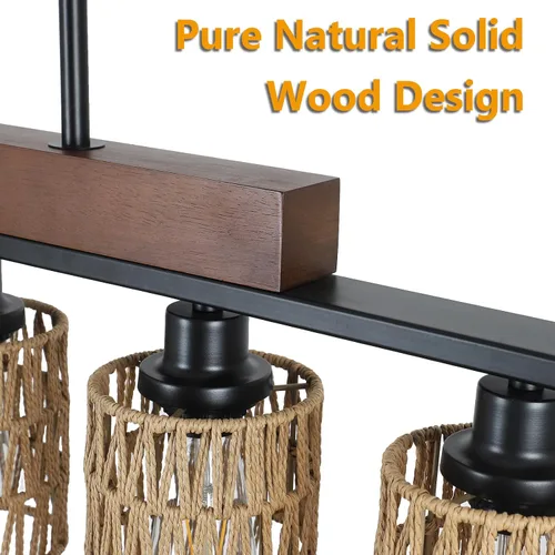 Miniatura 4 de Candelabros de ratán para comedor, iluminación de isla de cocina bohemia, lámpara lineal de 5 luces, lámpara colgante rectangular, candelabros