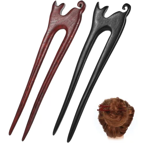 Miniatura 8 de 2 unidades de palos de pelo de madera en forma de U hechos a mano tallada de madera francesa con bonito diseño de gato, 2 puntas, horquillas