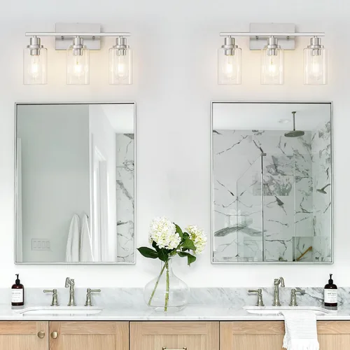 Miniatura 2 de Accesorios de iluminación de baño de 3 luces de níquel cepillado, lámpara de tocador sobre espejo, iluminación de pared moderna de granja, apliques