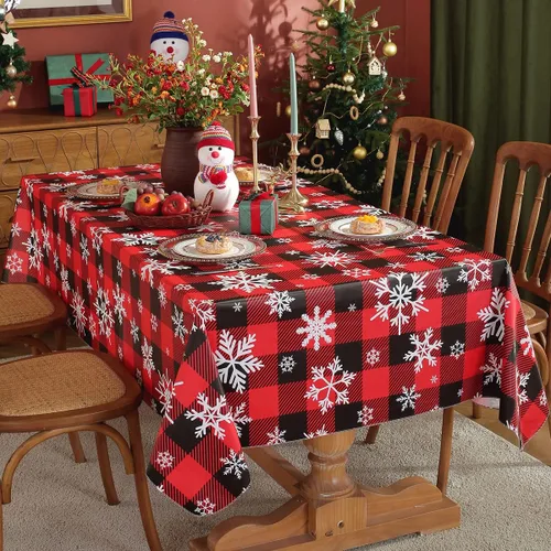 Miniatura 10 de Mantel de Navidad de vinilo con reverso de franela, rectangular, 52 x 70 pulgadas, patrón de bolas de Navidad, 100% impermeable, mantel de plástico