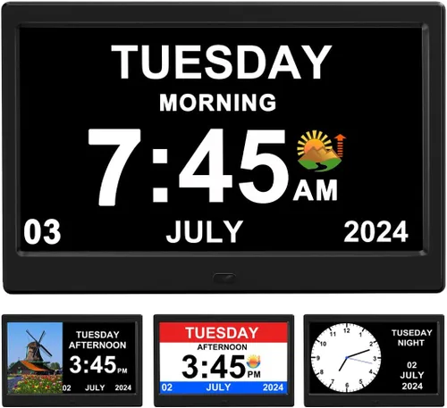 Miniatura 8 de Reloj despertador sin adaptador de corriente con día y fecha para ancianos, marco de fotos digital de 7 pulgadas, pantalla regulable