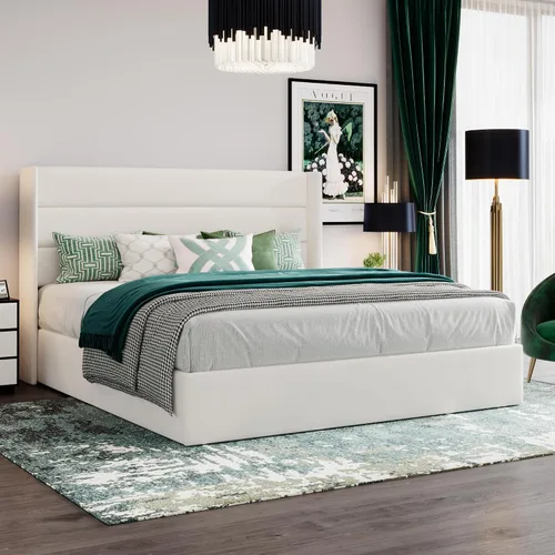 Miniatura 8 de SHA CERLIN Cama de Almacenamiento Elevable Tamaño King/Tapizada en Terciopelo/Cabecera Moderna con Respaldo de Ala/Marco de Cama Plataforma Blanco
