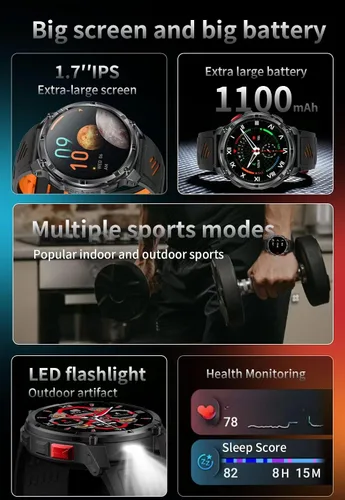 Miniatura 3 de Relojes inteligentes múltiples modos deportivos para hombres con linterna, reloj inteligente para Android y iPhone, pantalla táctil HD de 1.7 Negro
