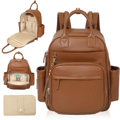 Miniatura 7 de Omanmoli Mochila para pañales, bolsa de bebé de cuero con 16 bolsillos, mochila grande para pañales de viaje, organizador esencial para bebé, 4 Negro