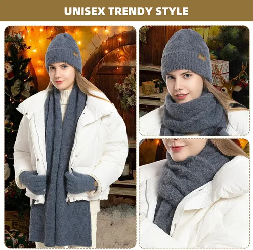 Miniatura 6 de Gorro de punto de invierno para mujer con guantes para pantalla táctil, gorro de pompón, bufandas para el cuello para hombres