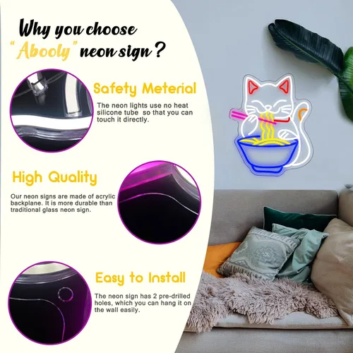 Miniatura 7 de Letrero de neón de gato de la fortuna Ramen, letrero de neón LED de gato de la suerte japonés regulable para decoración de pared, alimentado por USB
