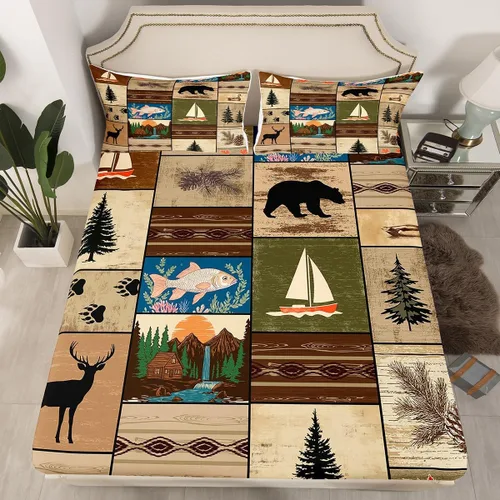 Miniatura 45 de Juego de sábanas bajeras de cabaña rústica, tamaño Queen, bosque, lobo, ciervo, oso, para niños y adultos, sábanas a cuadros de búfalo rojo y negro