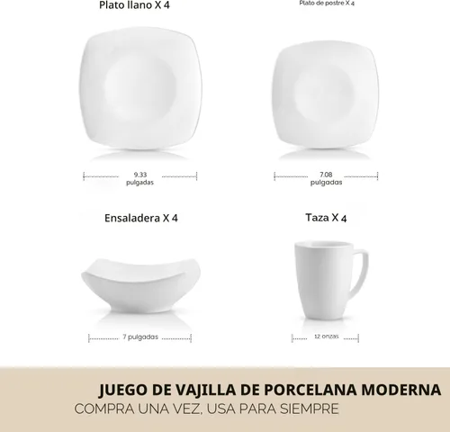 Miniatura 3 de Zulay Kitchen Luna - Juego de platos y cuencos, juego de vajilla de porcelana moderno de 16 piezas para 4, resistente a las astillas y a los Blanco