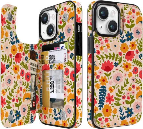Miniatura 19 de uCOLOR Funda de piel con tapa para tarjetas compatible con iPhone 13 6.1, iPhone 14 6.1, mujeres y niñas con tarjetero y función atril