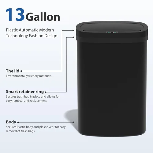 Miniatura 5 de Bote de basura de cocina de 13 galones/50 L con tapa, bote de basura con tapa sin contacto, bonito bote de basura automático para baño, cubo de Negro