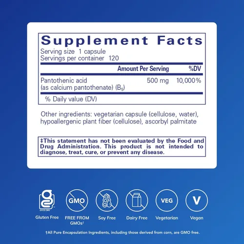 Miniatura 2 de Pure Encapsulations Ácido pantoténico Suplemento hipoalergénico que apoya la producción de energía celular, la salud suprarrenal y cardiovascular