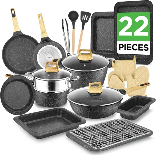 Miniatura 11 de NutriChef Juego de ollas y sartenes antiadherentes de 14 piezas, juego de utensilios de cocina de inducción, sin PFAS para todas las estufas, Dorado